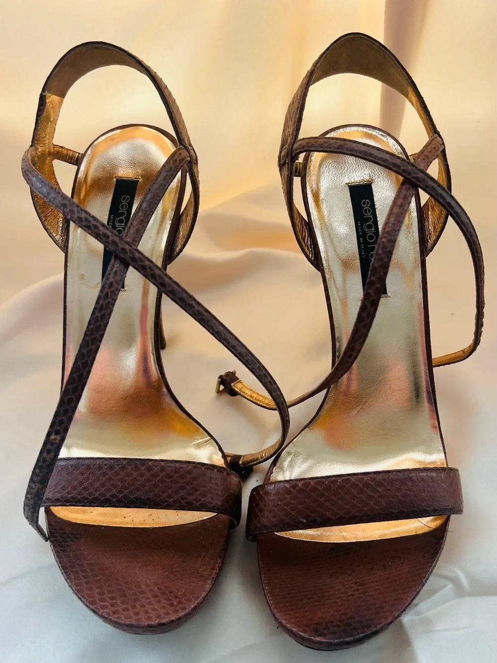 Sergio Rossi Brown Snake-Embossed Strappy Heels with Gold Insole